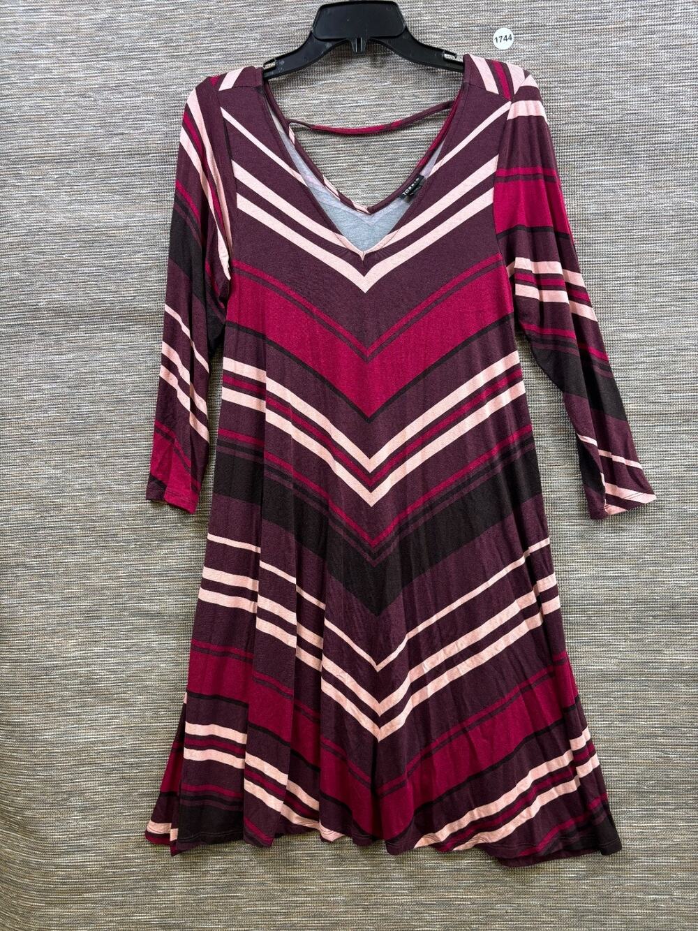 Torrid Stripe Jersey Mini Trapeze Dress Women 00 (10) Burgundy V-Neck 3/4 Sleeve